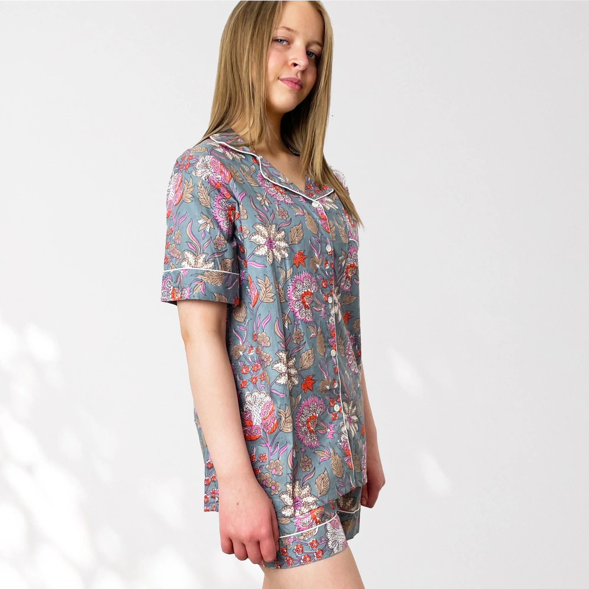 100% Cotton Short Pyjama Set in Grey and Pink Block Print Floral - Image 3