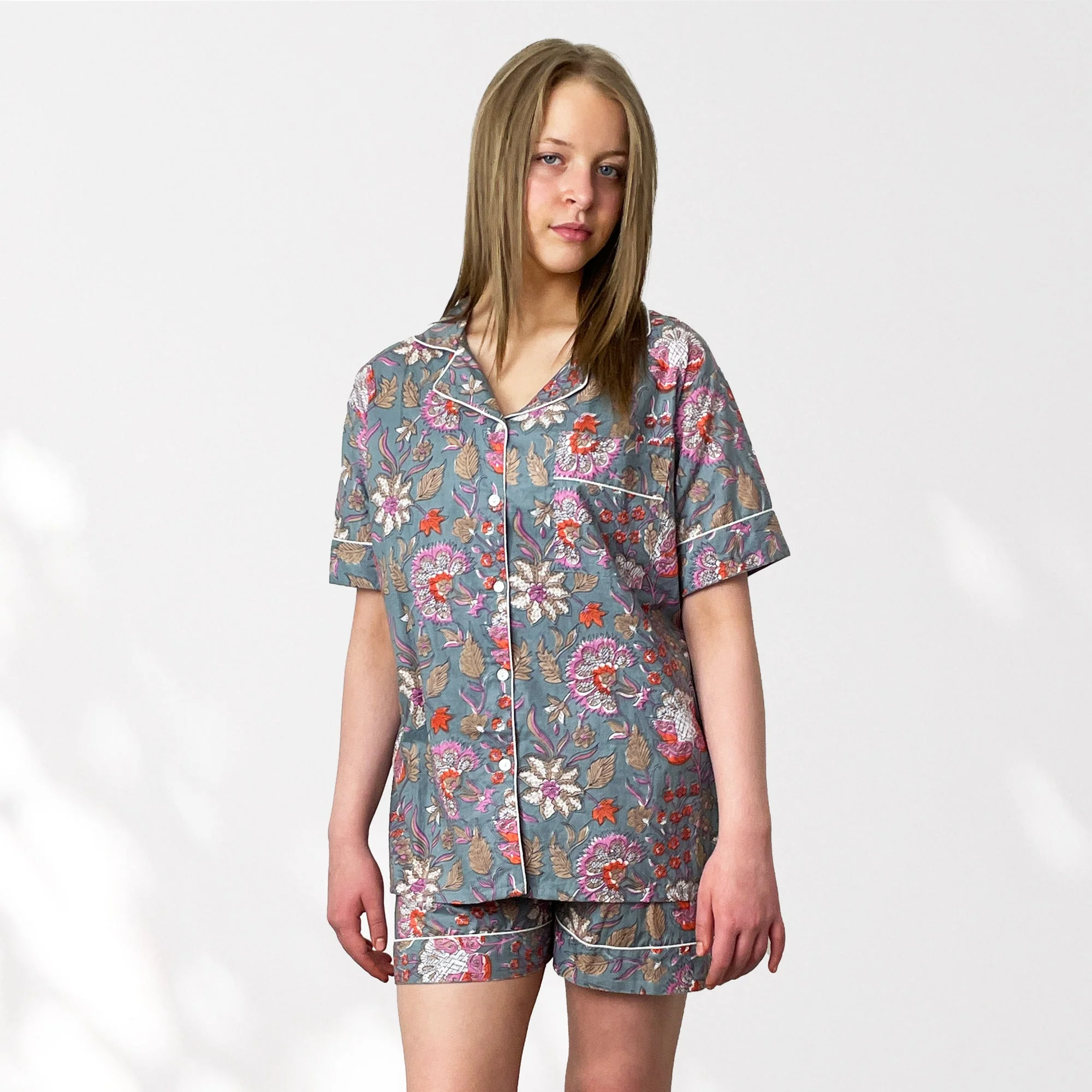 100% Cotton Short Pyjama Set in Grey and Pink Block Print Floral - Image 4