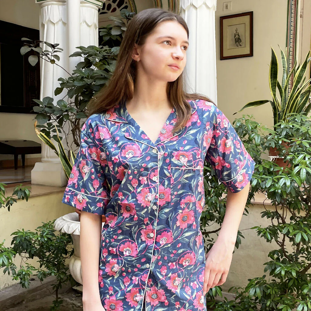 Navy and Pink Block Print Floral 100% Cotton Short Pyjama Set - Image 3