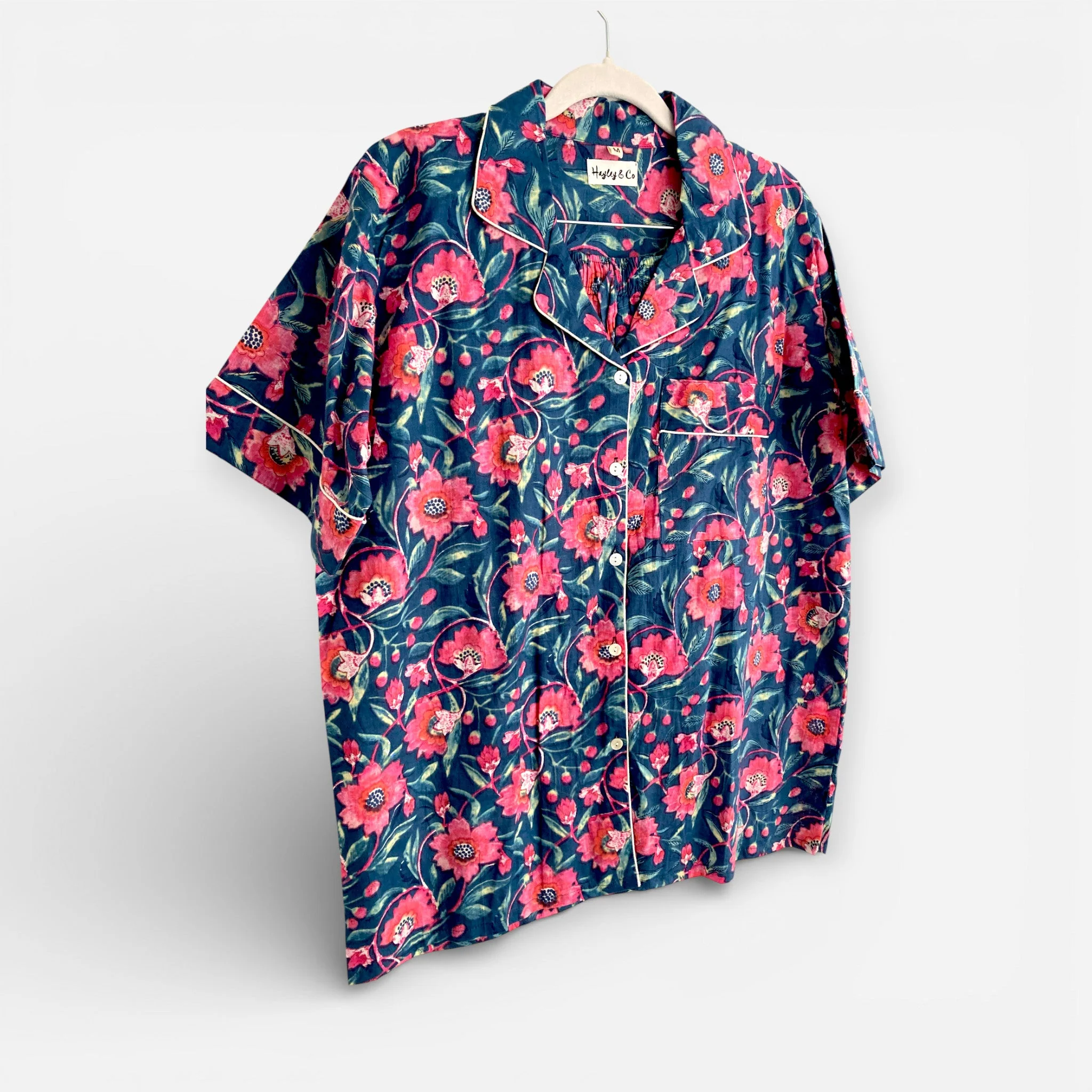 Navy and Pink Block Print Floral 100% Cotton Short Pyjama Set - Image 8