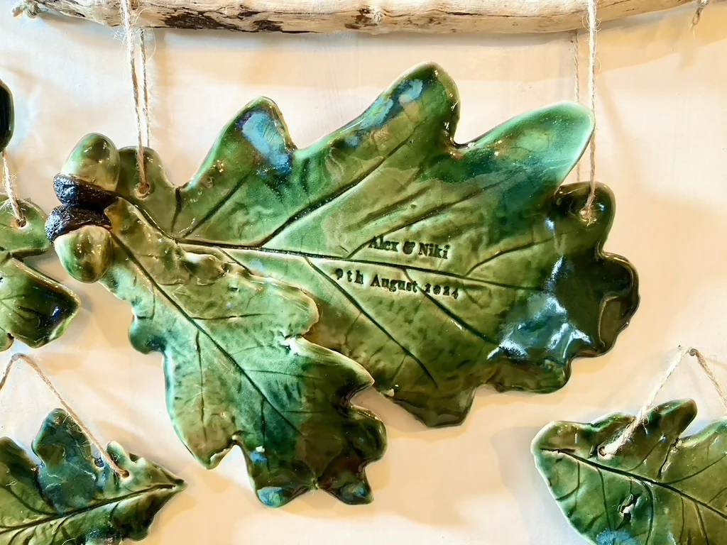 Double Oak leaf with acorn sculpture - Hand sculpted Personalised Ceramic Wall Hanging, wedding gift - MADE TO ORDER - Image 2