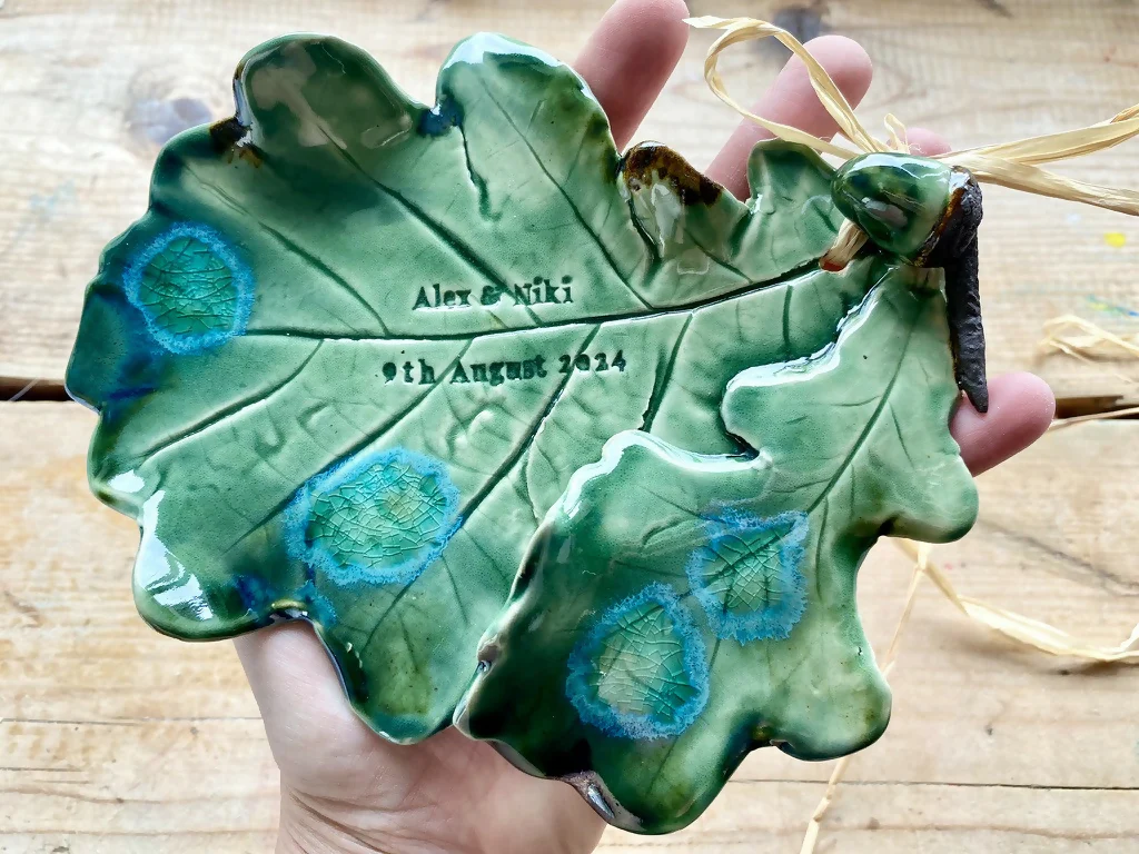 Double Oak leaf with acorn sculpture - Hand sculpted Personalised Ceramic Wall Hanging, wedding gift - MADE TO ORDER - Image 4