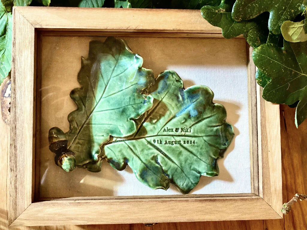 Double Oak leaf with acorn sculpture - Hand sculpted Personalised Ceramic Wall Hanging, wedding gift - MADE TO ORDER - Image 5