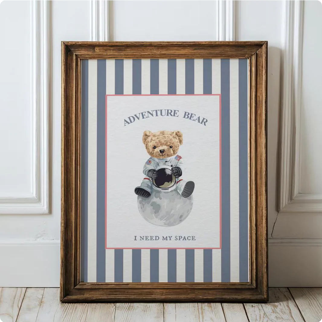 Adventure Bear Print Astronaut Striped Wall Art
