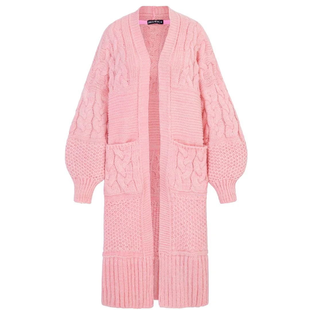 Alex Balloon Sleeve Chunky Oversized Cable Maxi Cardigan - Pink - Image 2