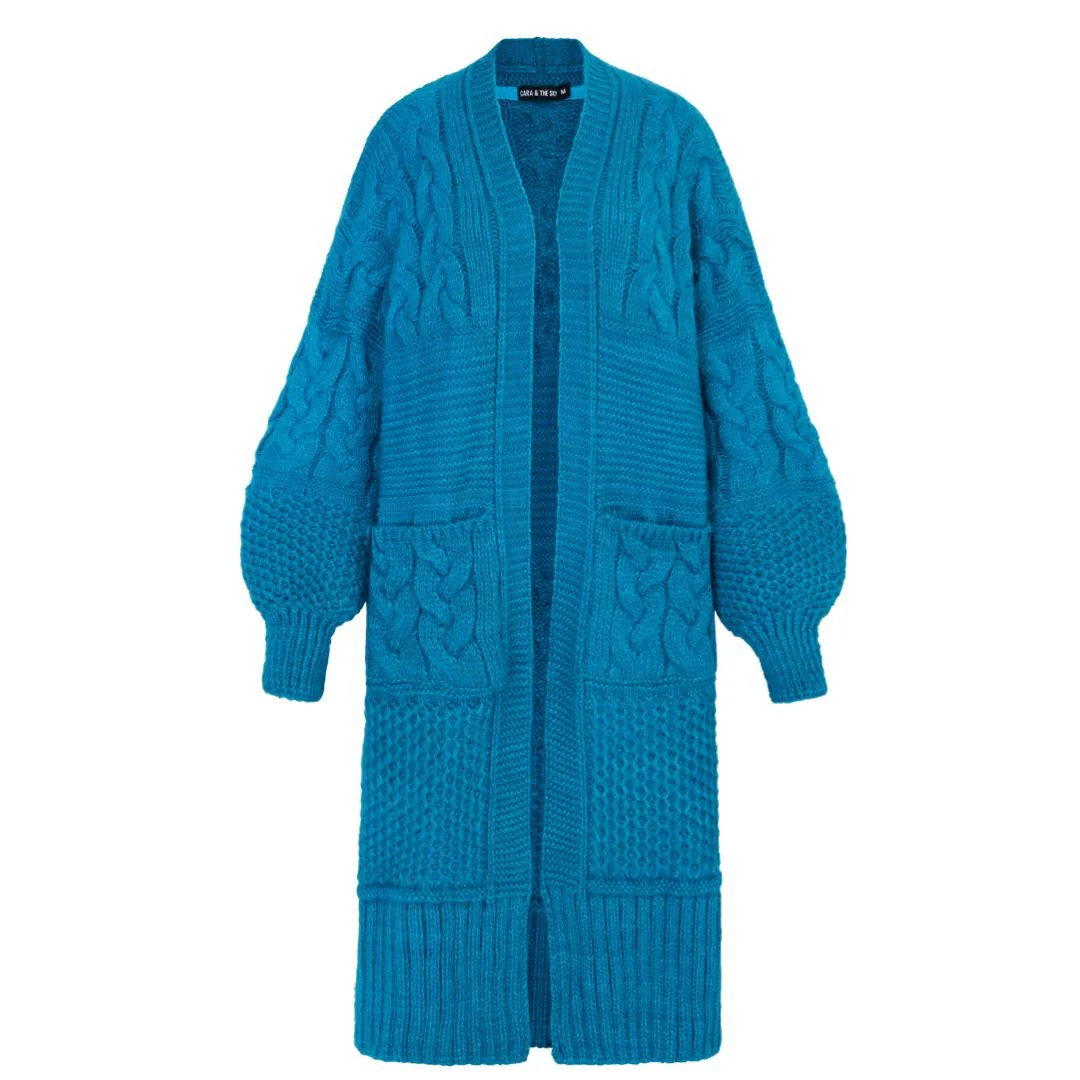 Alex Chunky Oversized Balloon Sleeve Cable Maxi Cardigan - Teal - Image 2