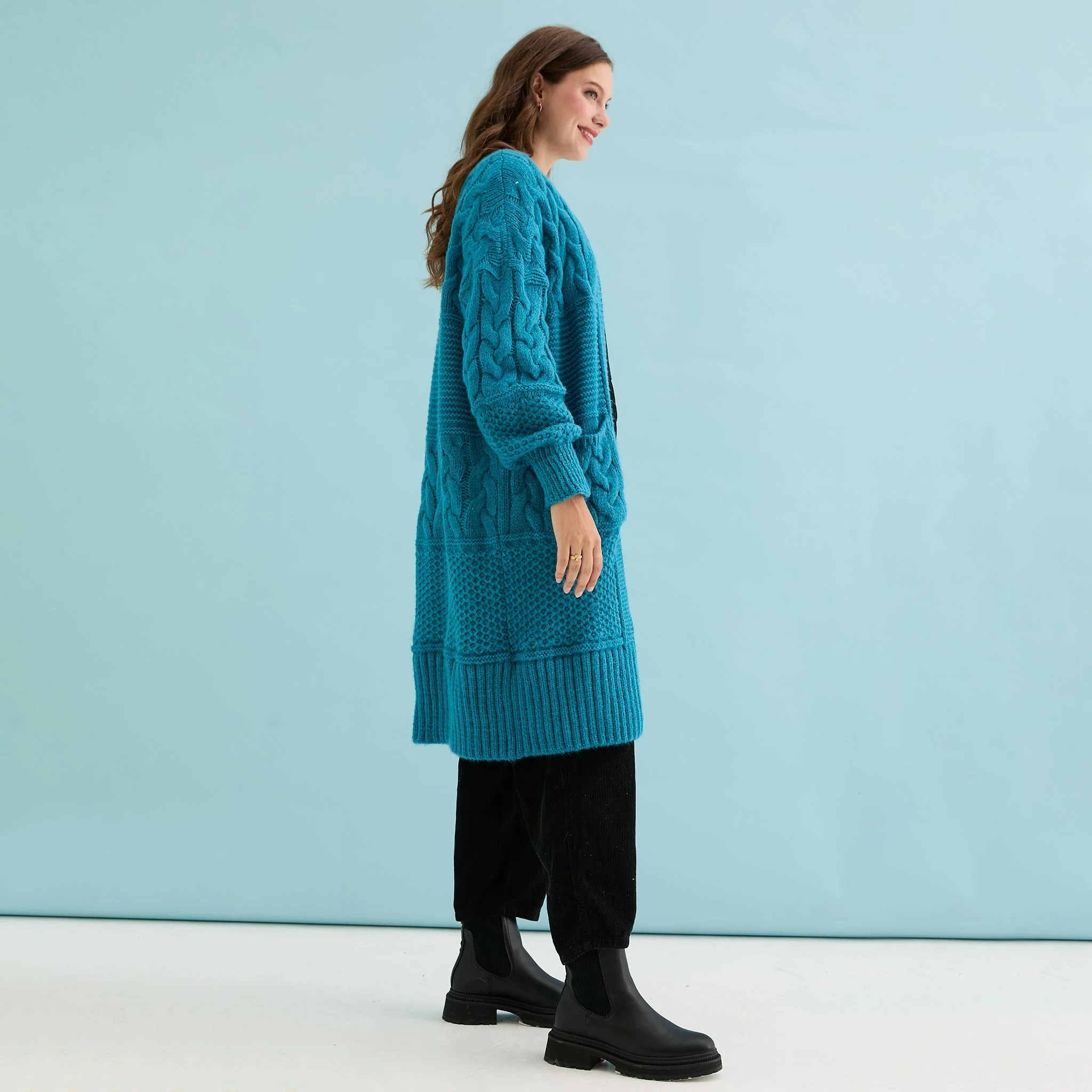 Alex Chunky Oversized Balloon Sleeve Cable Maxi Cardigan - Teal - Image 3