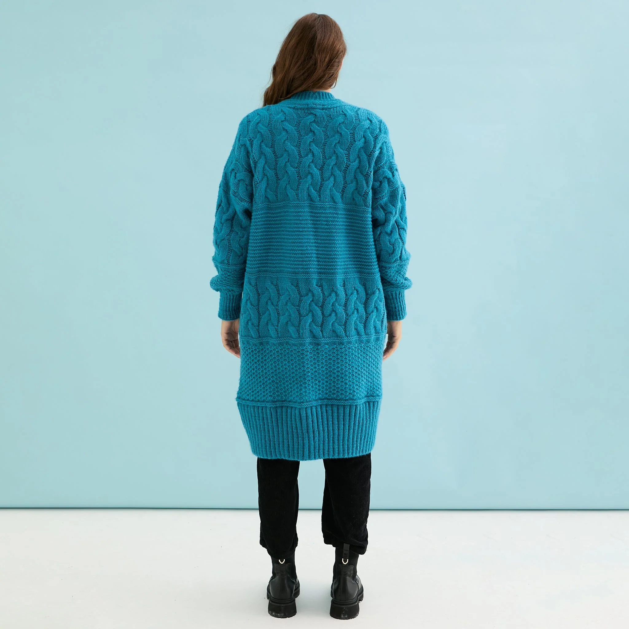 Alex Chunky Oversized Balloon Sleeve Cable Maxi Cardigan - Teal - Image 4