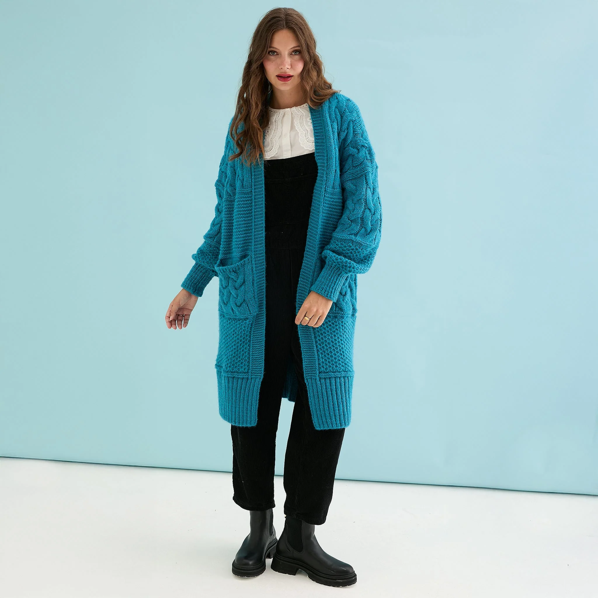 Alex Chunky Oversized Balloon Sleeve Cable Maxi Cardigan - Teal - Image 5