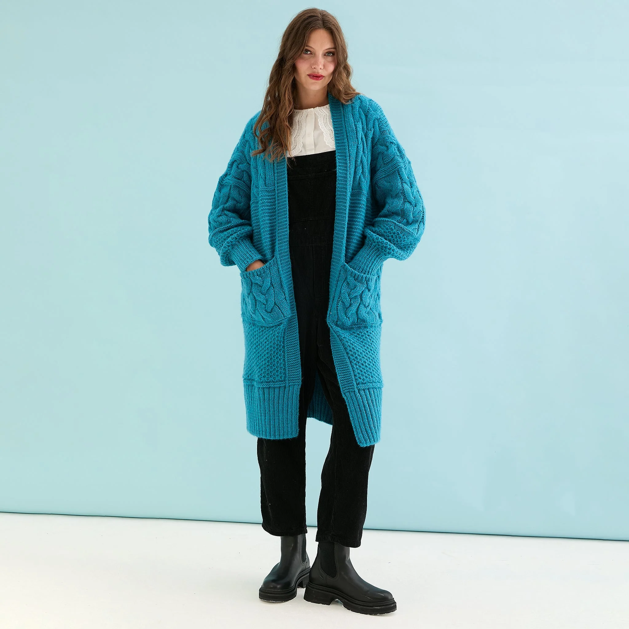 Alex Chunky Oversized Balloon Sleeve Cable Maxi Cardigan - Teal - Image 6