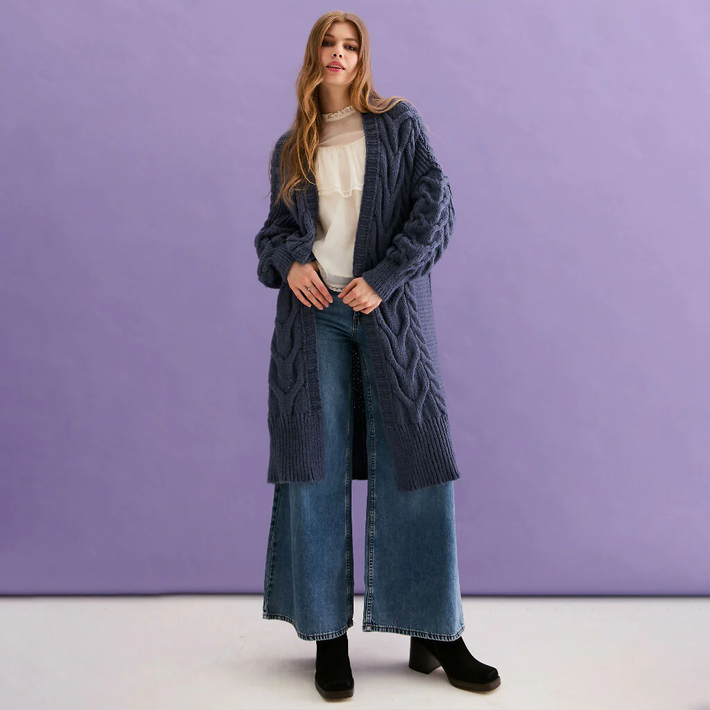 Alex Cable Balloon Sleeve Maxi Cardigan - Denim - Image 8