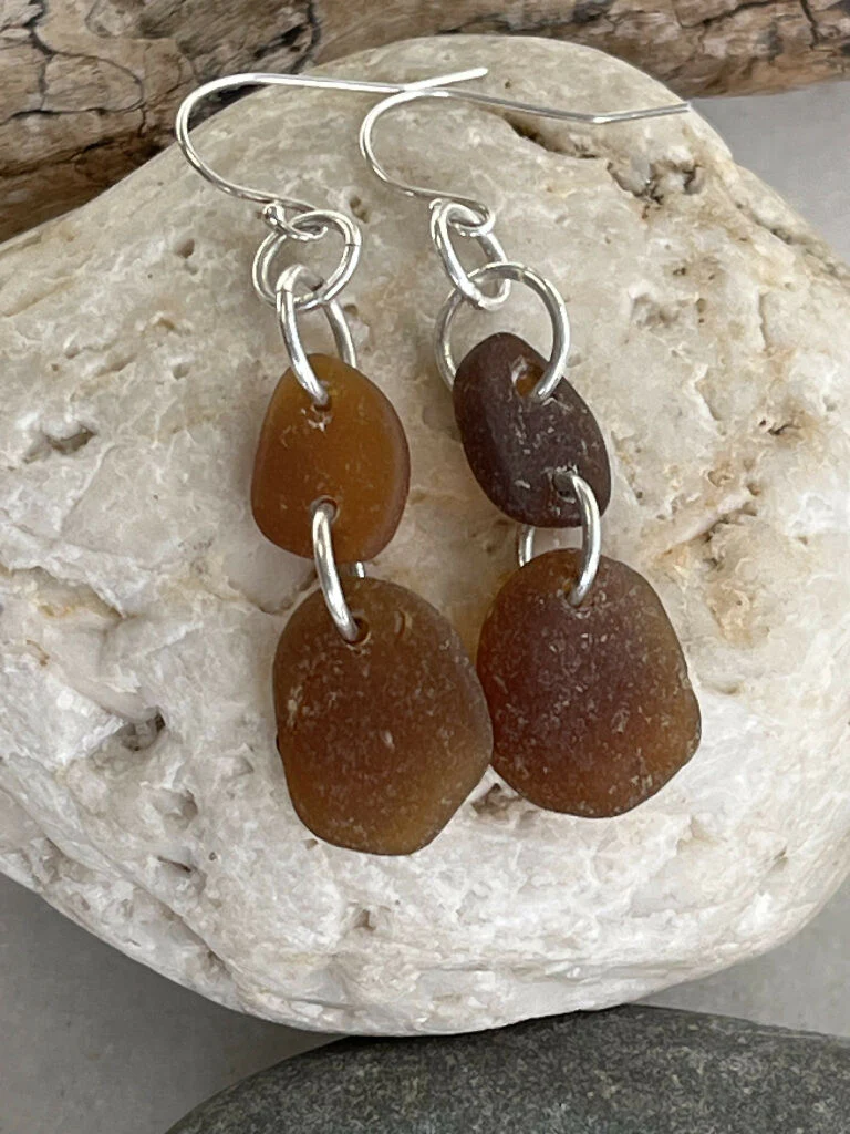 Amber sea glass and sterling silver earrings - Image 2