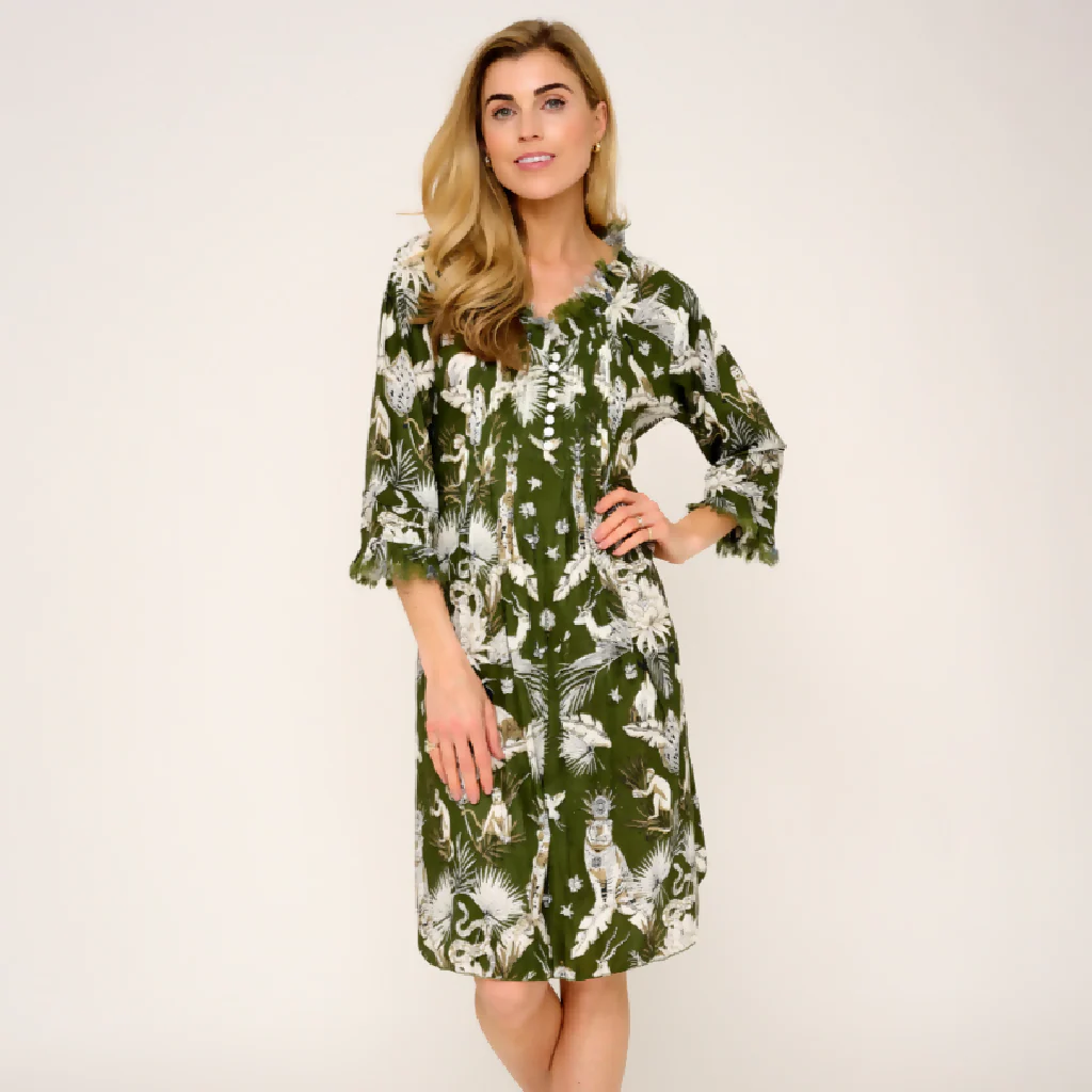 Annabel Cotton Tunic in Olive Green Tropical