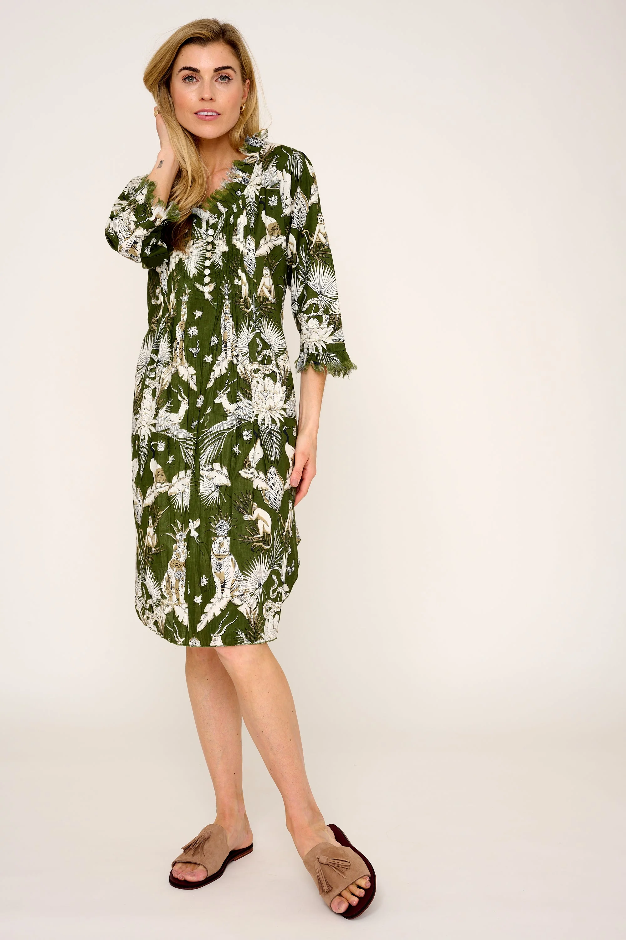Annabel Cotton Tunic in Olive Green Tropical - Image 2