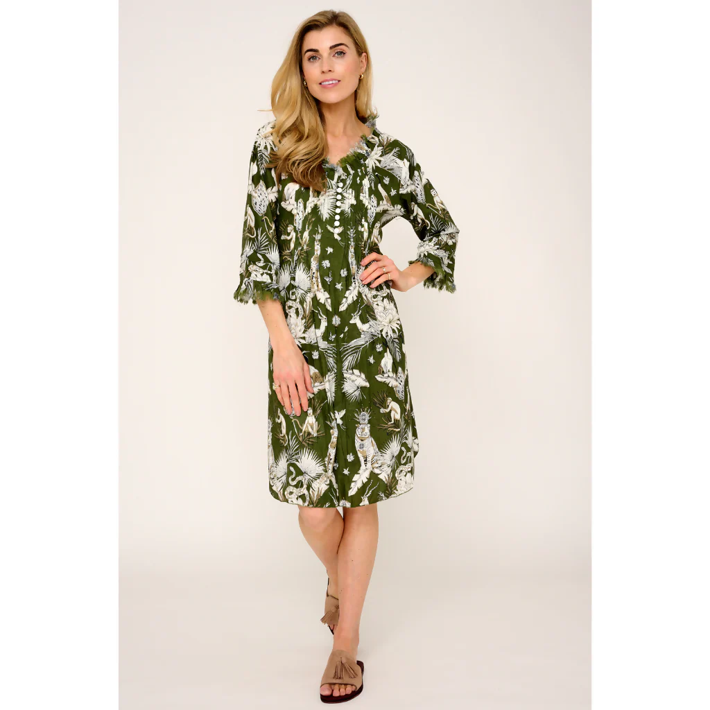 Annabel Cotton Tunic in Olive Green Tropical - Image 3