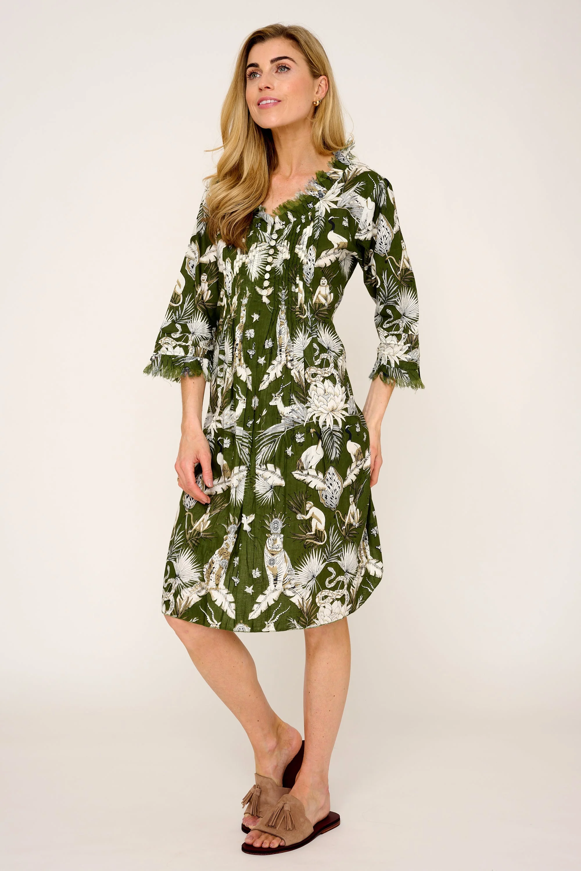 Annabel Cotton Tunic in Olive Green Tropical - Image 4