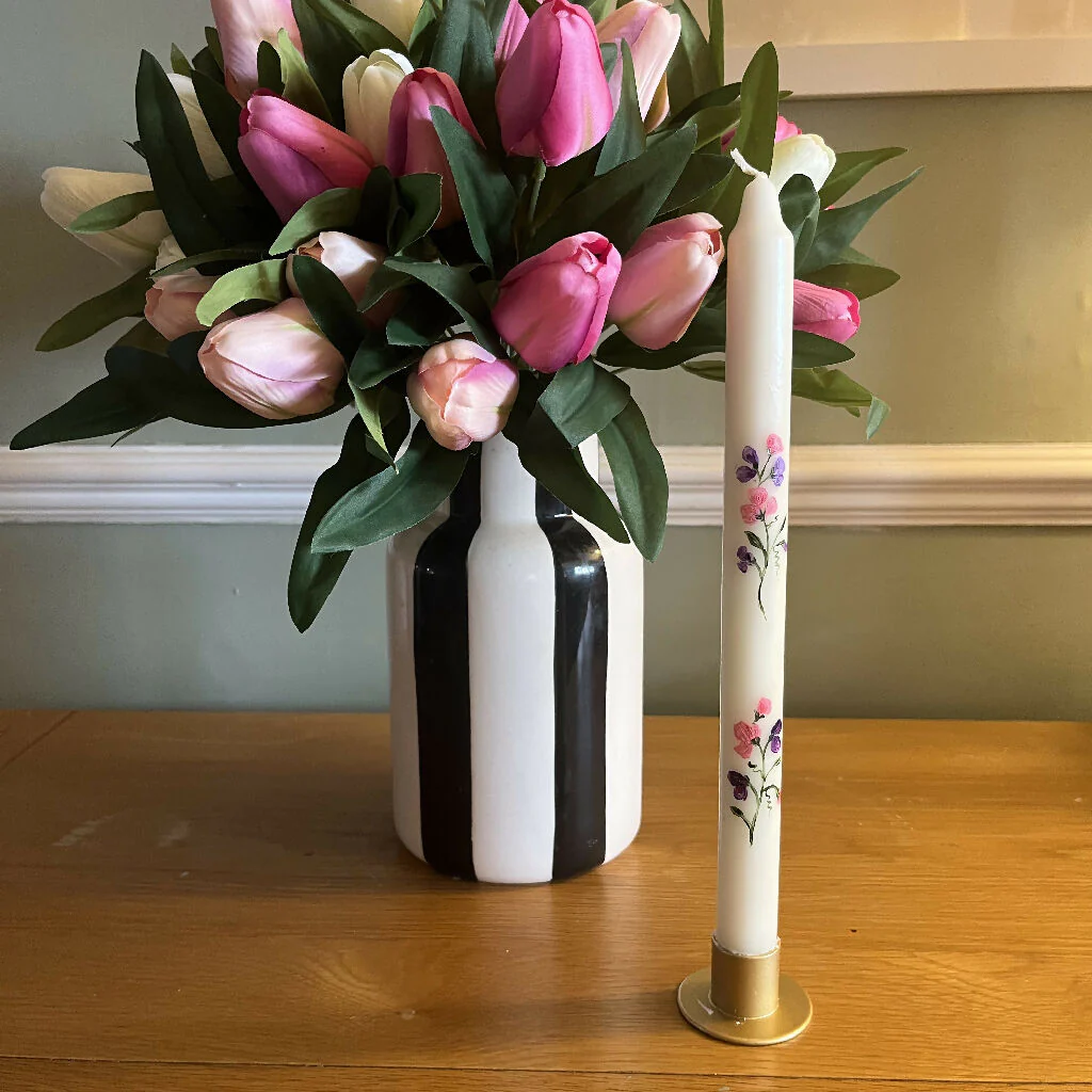 April Birth Flower Candle - Hand Painted Sweet Pea Candle with Metal Holder