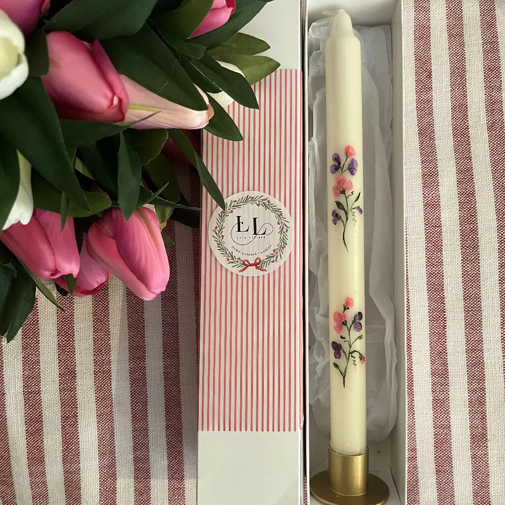 April Birth Flower Candle - Hand Painted Sweet Pea Candle with Metal Holder - Image 3