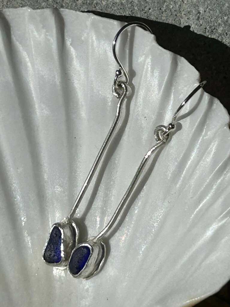 Blue Seaglass & Silver Earrings - Image 4