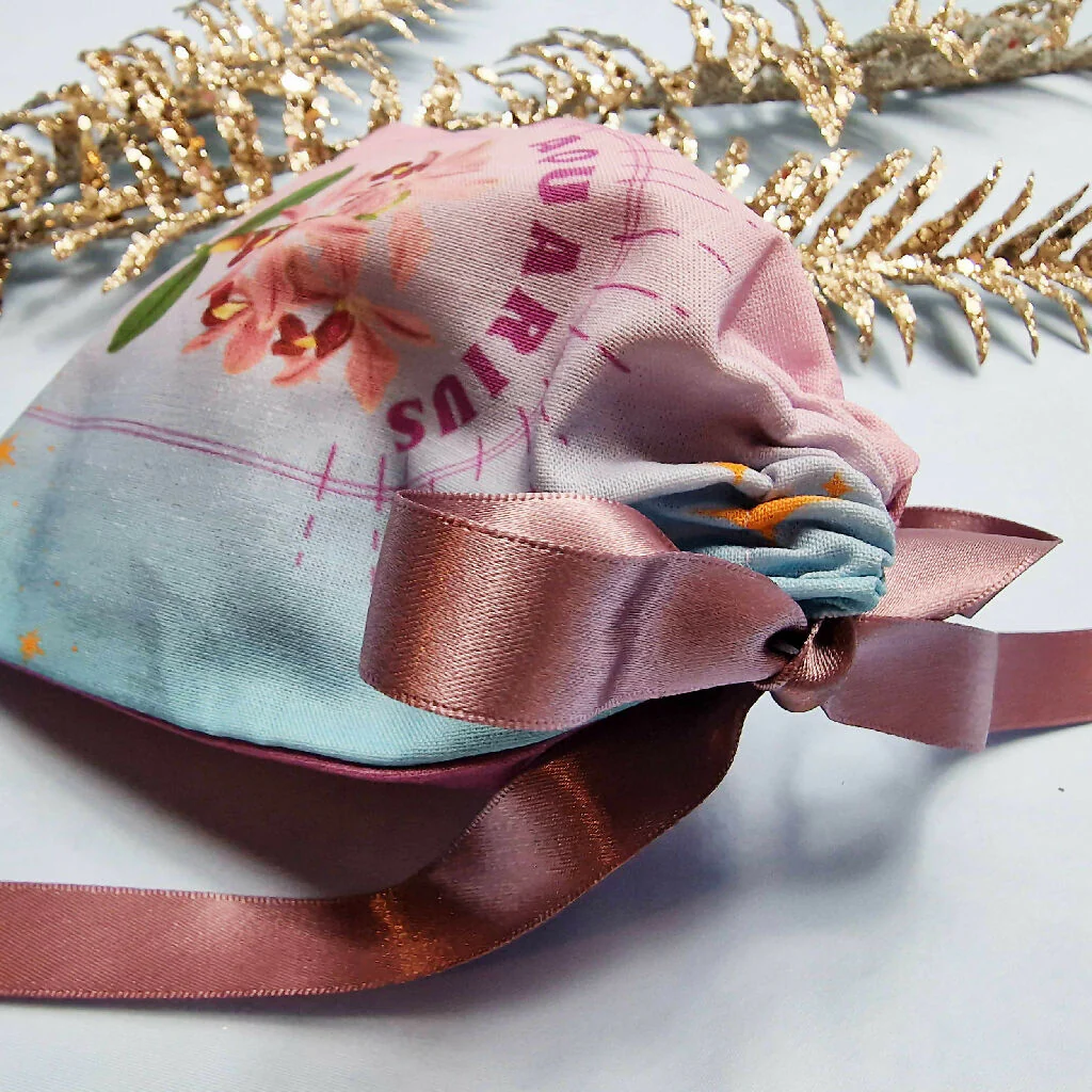 Aquarius Orchid Birth Flower Gift Pouch in Pink and Blue - Image 3