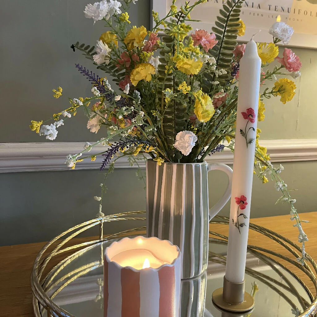 August Birth Flower Candle - Hand Painted Poppy Candle with Gold Coloured Metal Holder