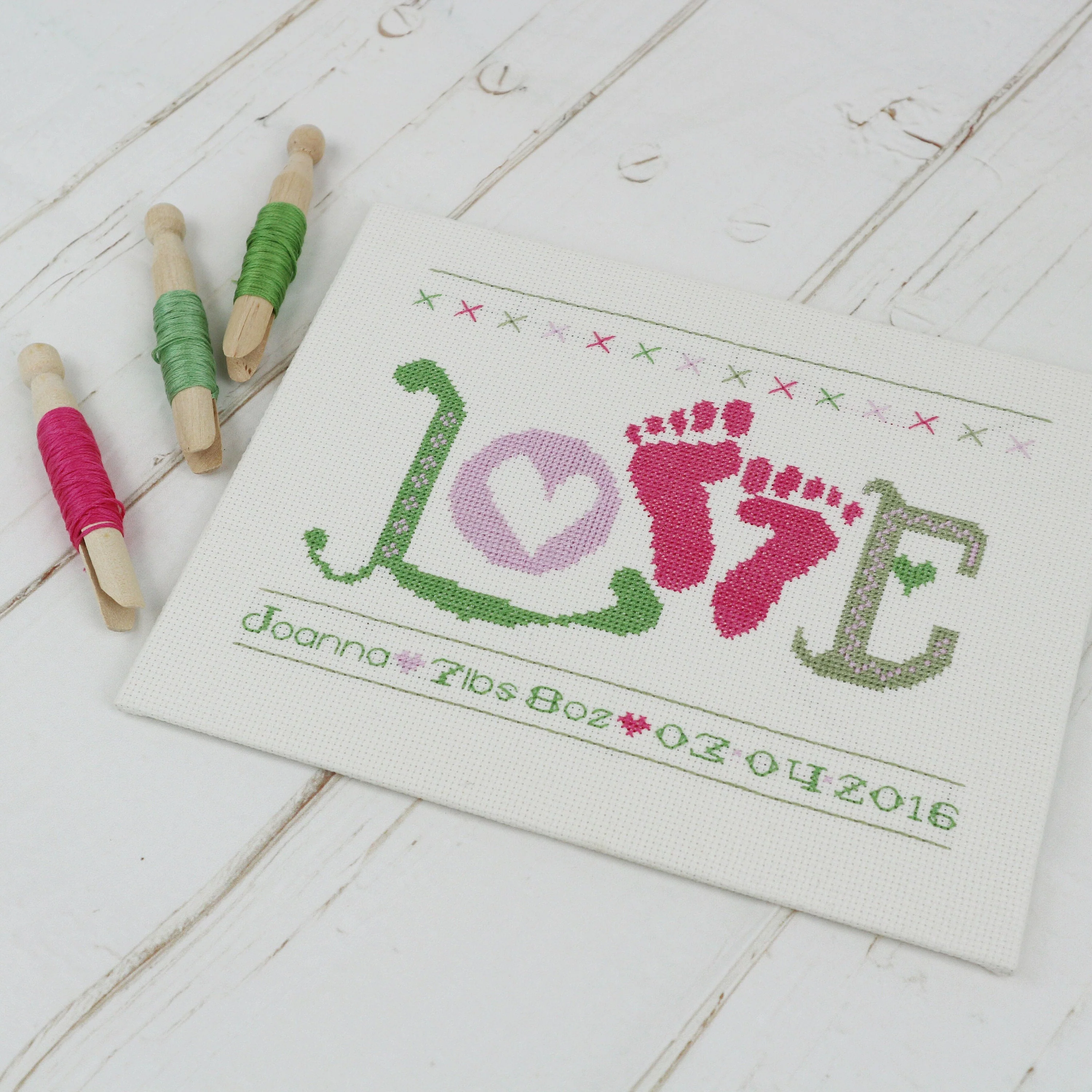 Baby Girl Cross Stitch Kit. 'Love' Baby Feet Pink