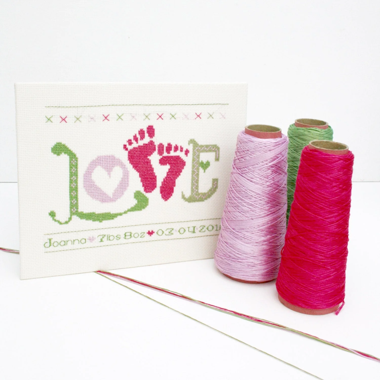 Baby Girl Cross Stitch Kit. 'Love' Baby Feet Pink - Image 2