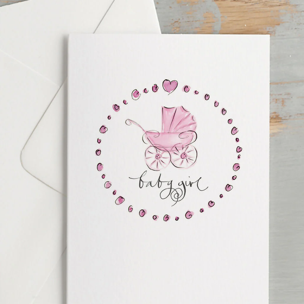 'Baby Girl' Vintage Pram New Baby Card - Image 2