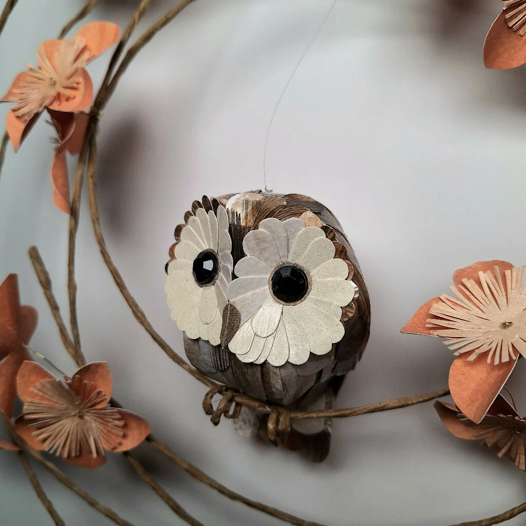 Baby Tawny Owl on a floral wreath paper sculpture - Image 2