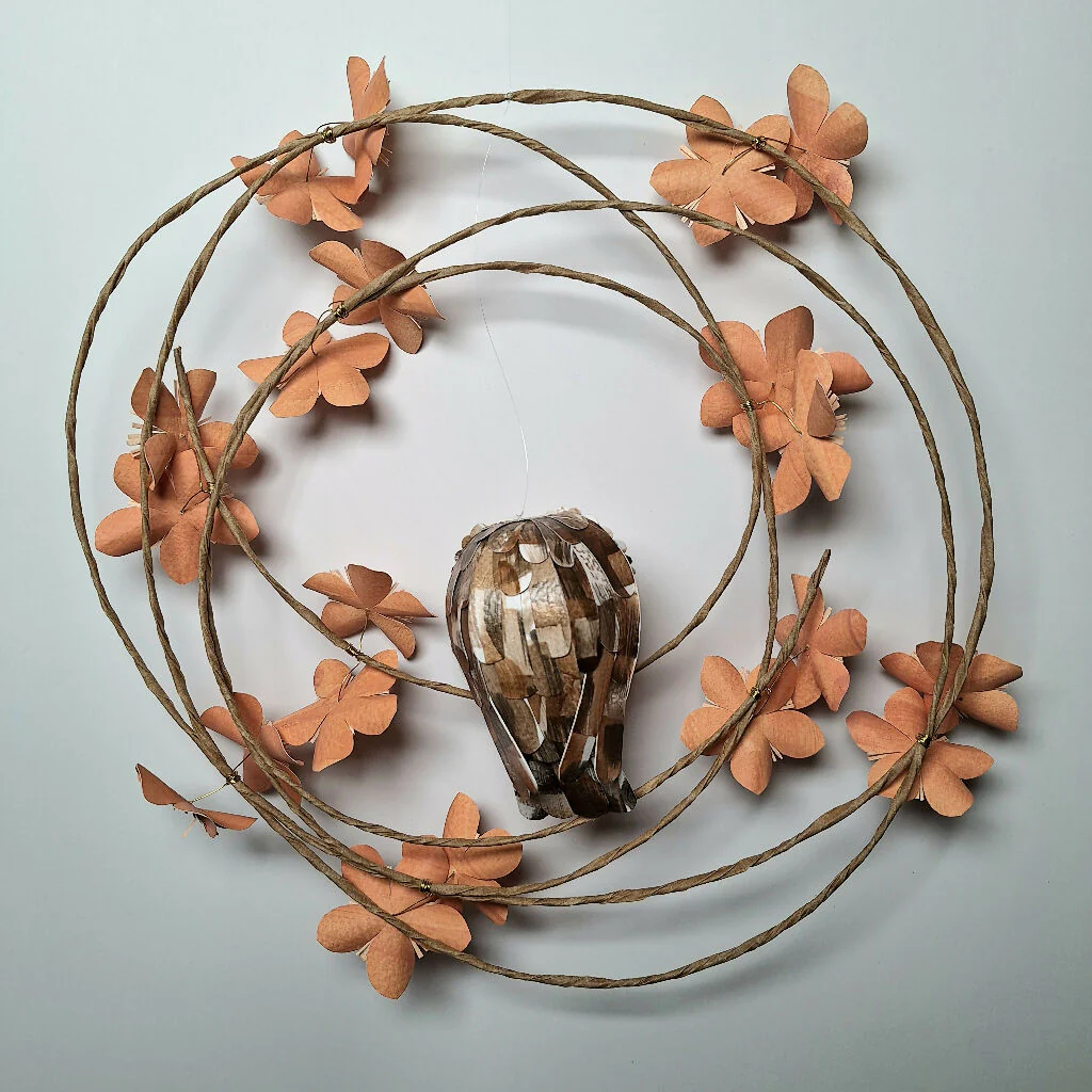 Baby Tawny Owl on a floral wreath paper sculpture - Image 3