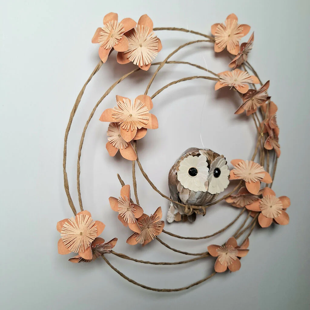 Baby Tawny Owl on a floral wreath paper sculpture - Image 4