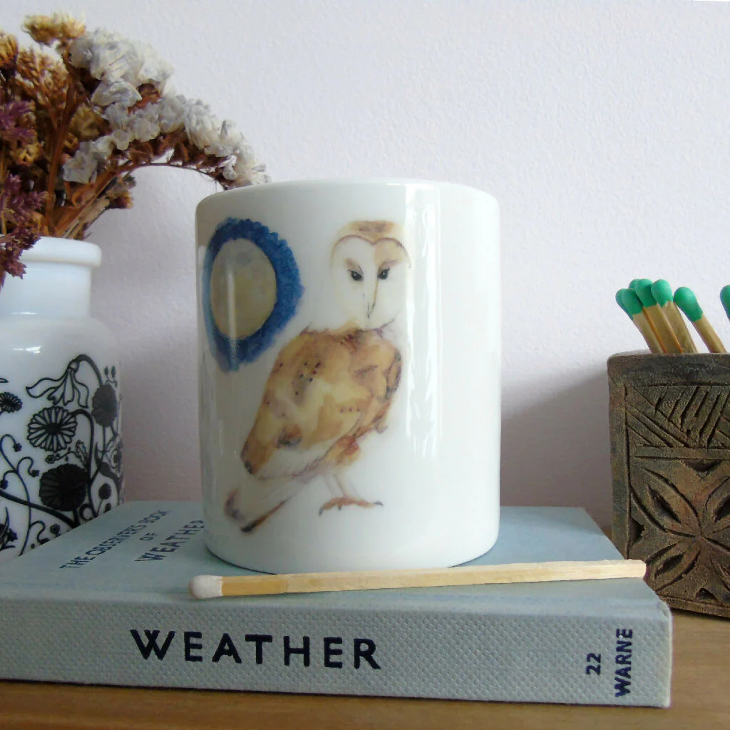 Barn Owl and Full Moon Bone China Candle Holder - Image 2