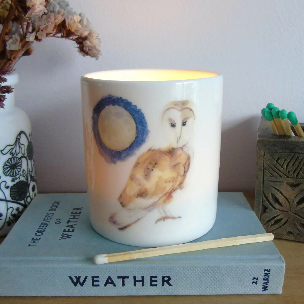 Barn Owl and Full Moon Bone China Candle Holder - Image 4