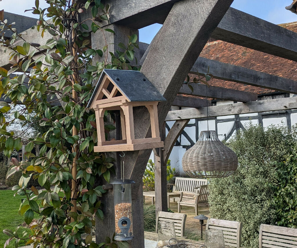 Barn Style Oak Bird Table with Slate Roof - Image 3