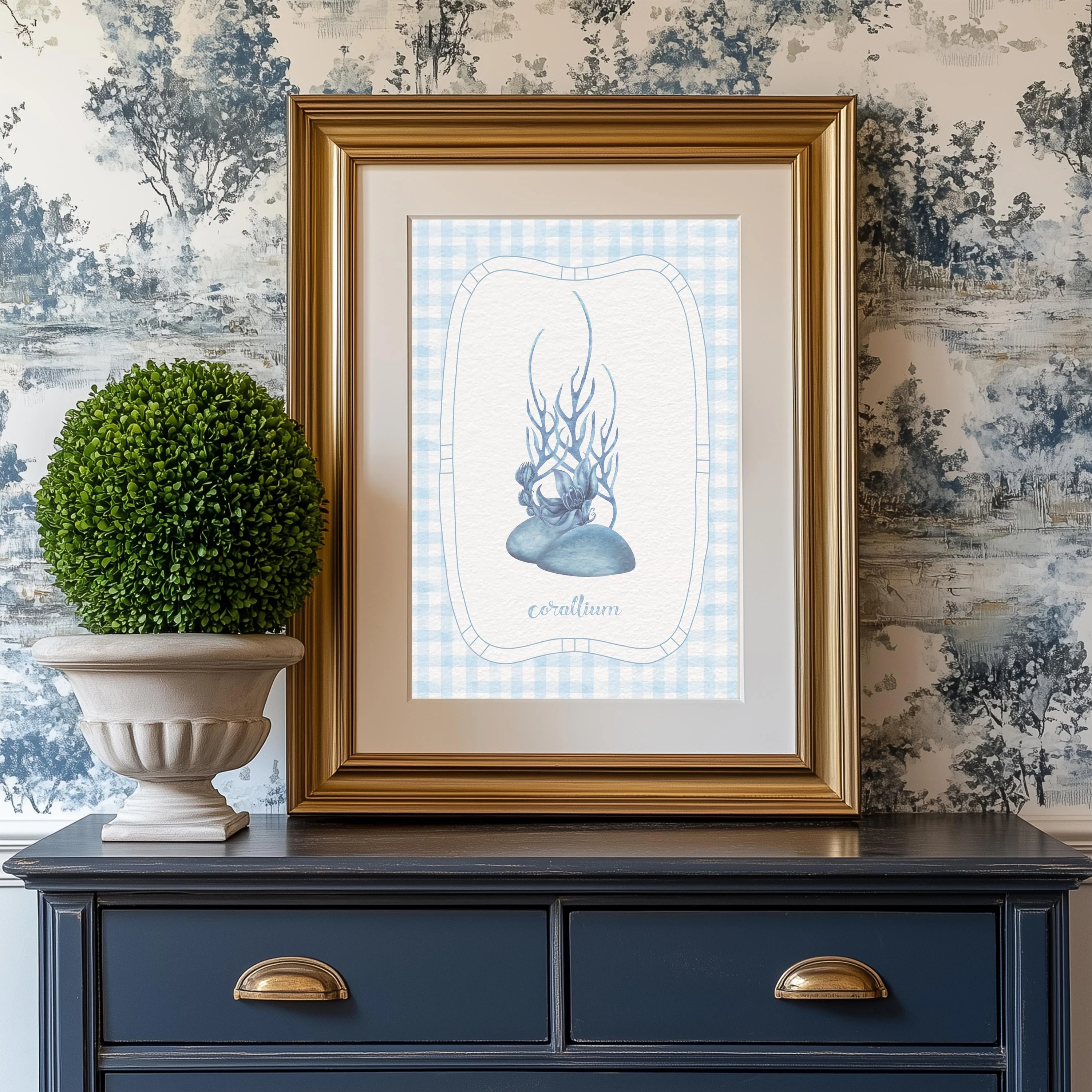 Beach House Coral Wall Art on Gingham Background in Sea Blue - Image 3