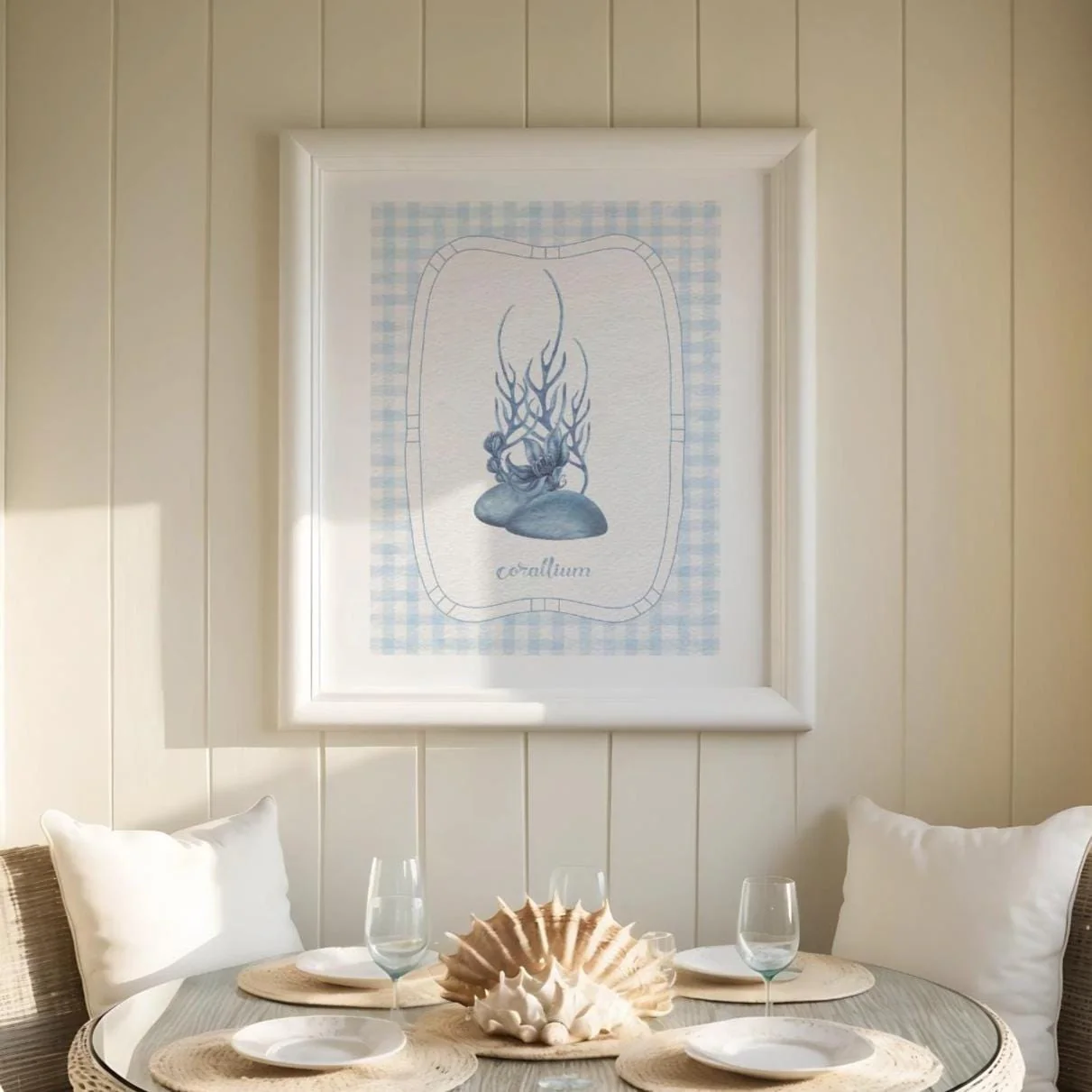 Beach House Coral Wall Art on Gingham Background in Sea Blue - Image 4