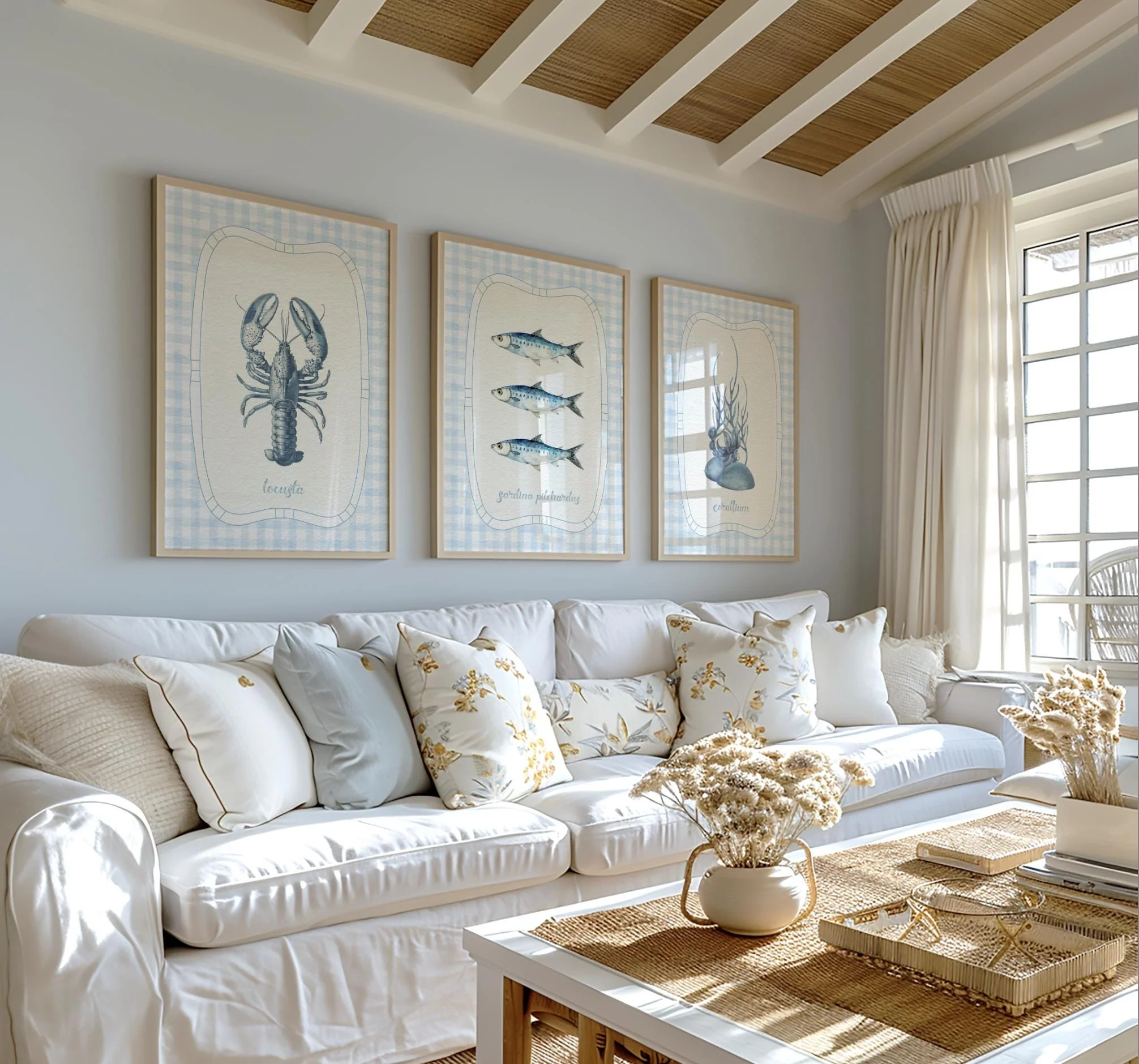 Beach House Coral Wall Art on Gingham Background in Sea Blue - Image 5