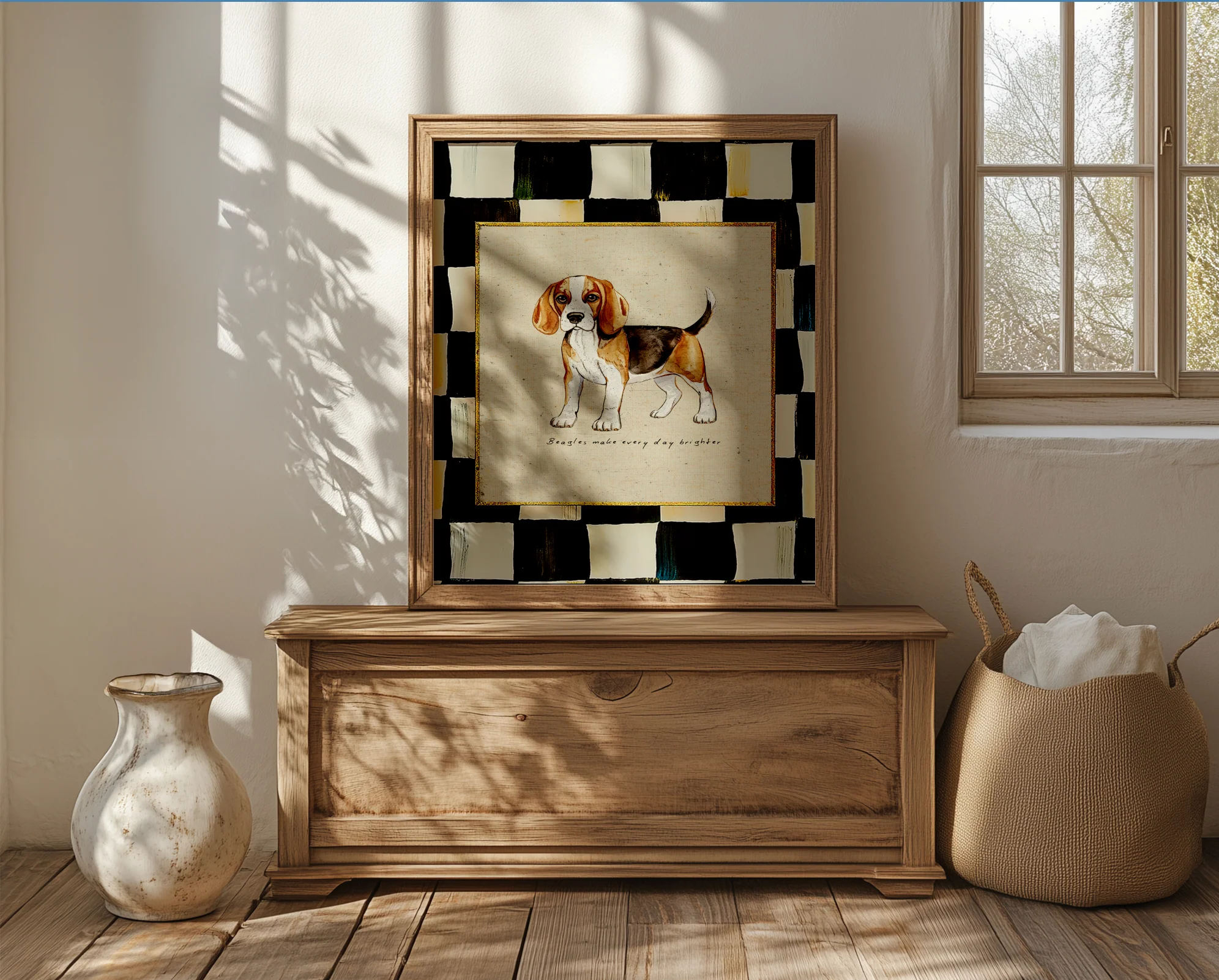 Beagle Dog Print, Black and White Check Wall Art, Beagle Illustration, Dog Lover Artwork - Image 3