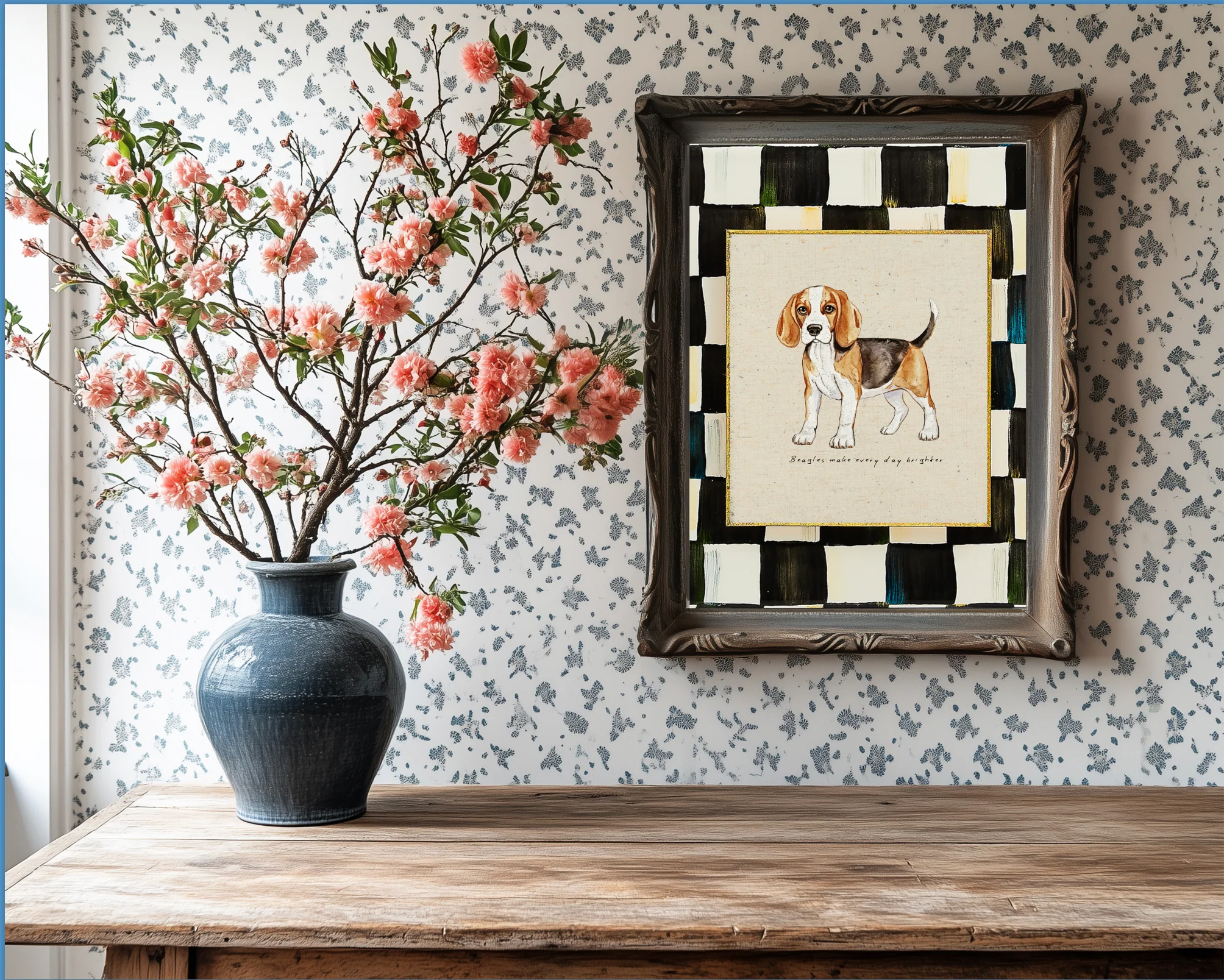 Beagle Dog Print, Black and White Check Wall Art, Beagle Illustration, Dog Lover Artwork - Image 6