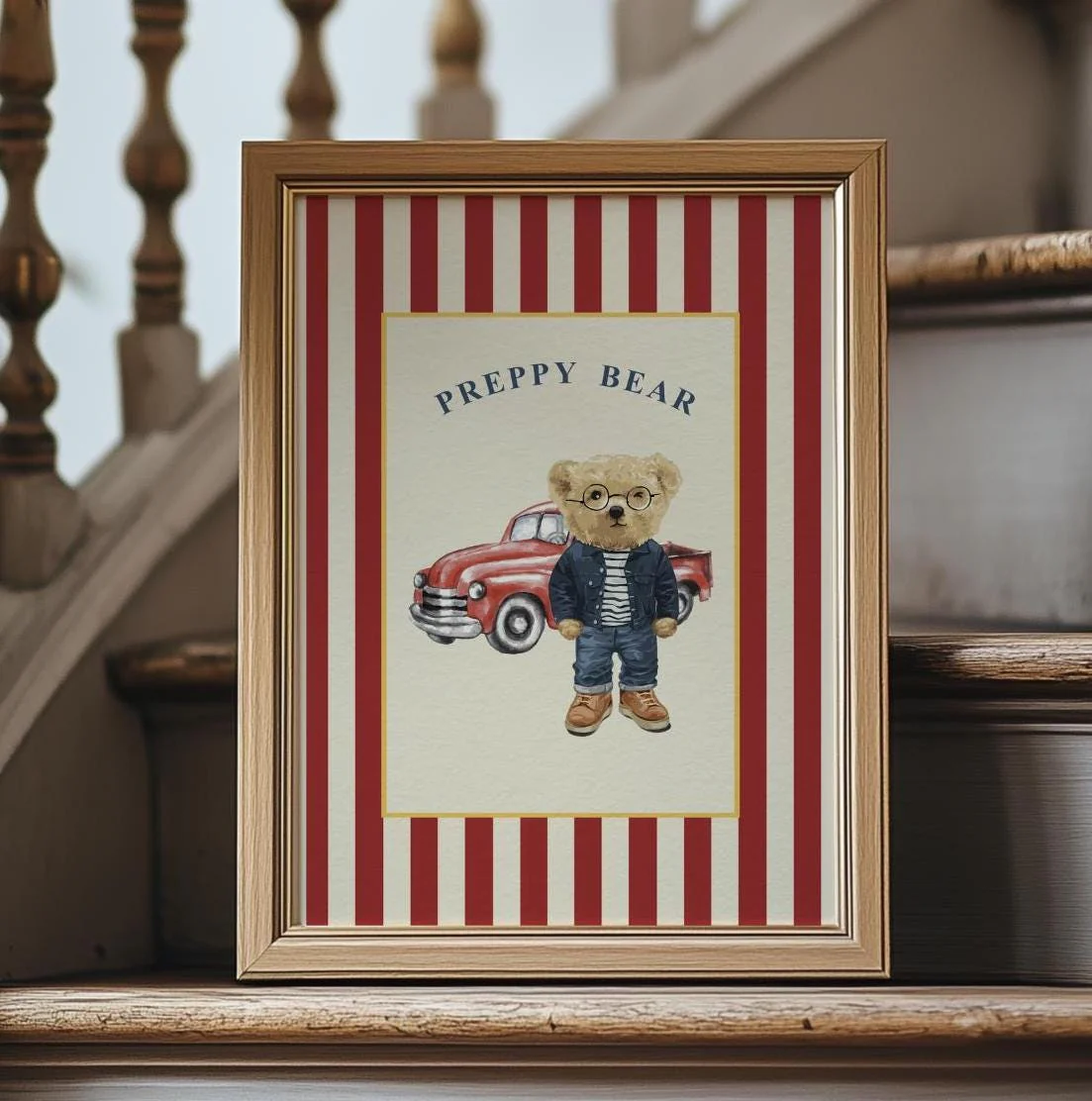 Bear Artwork Preppy Bear Print Cute Bear Striped Art - Image 2
