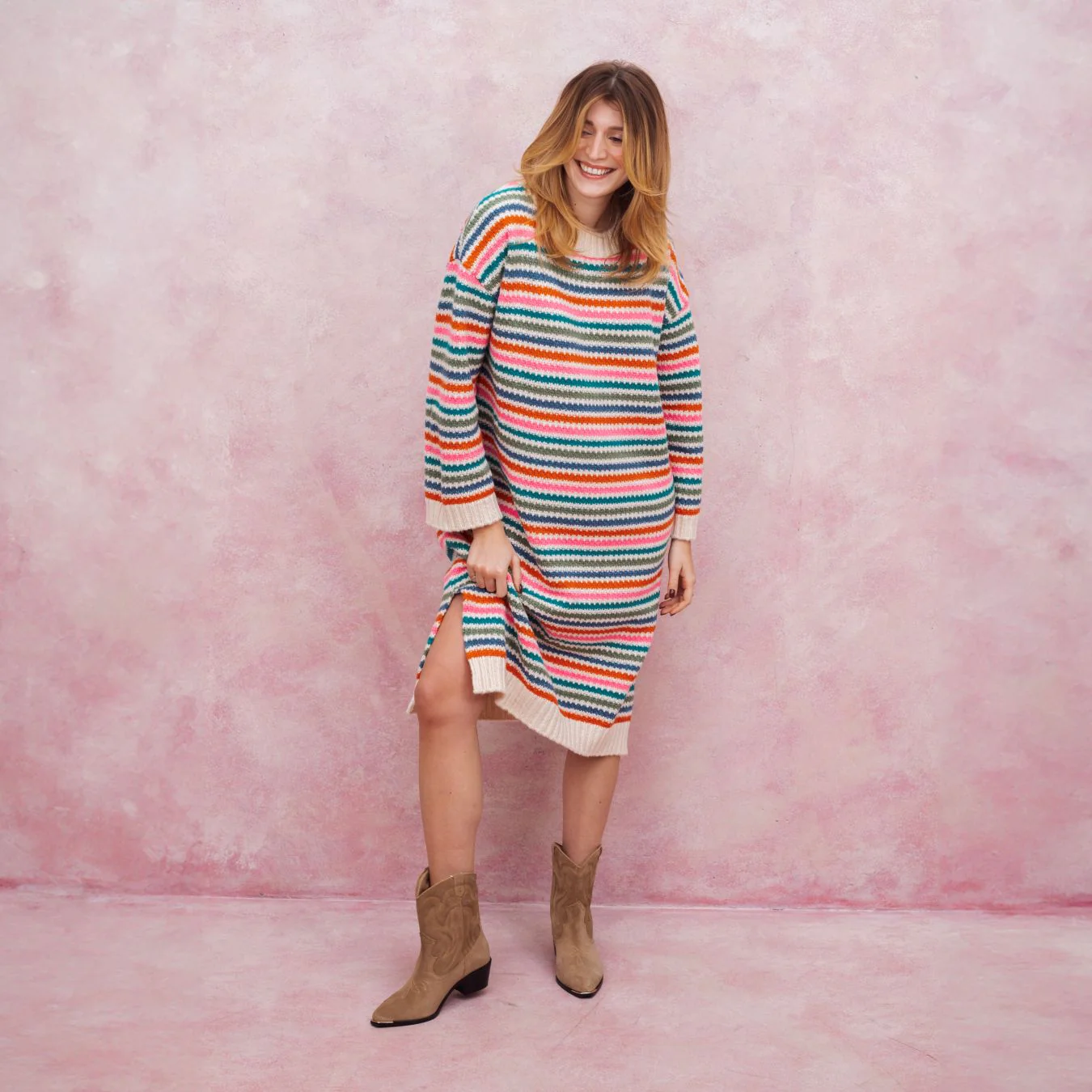 Becca Rainbow Stripe Knitted Midi Dress - Rainbow - Image 4