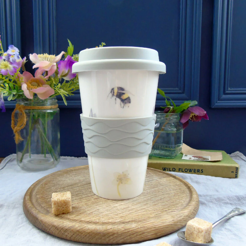 Bee and Spring Flowers Bone China Travel Mug - Image 5