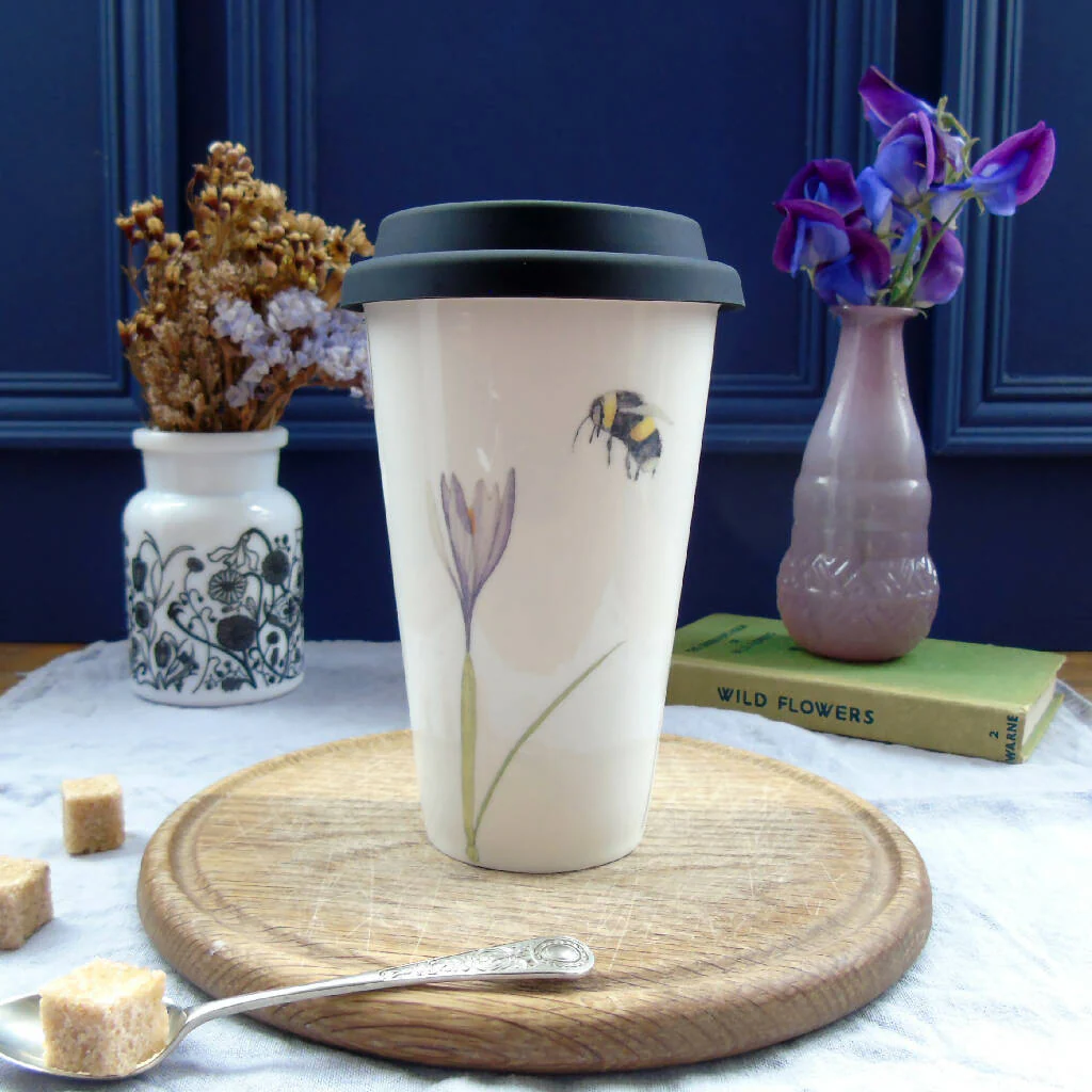 Bee and Spring Flowers Bone China Travel Mug - Image 6