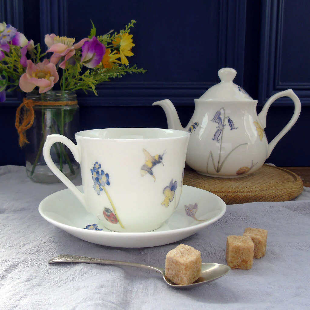 Bee and Spring Flowers Bone China Teacup and Saucer - Image 3