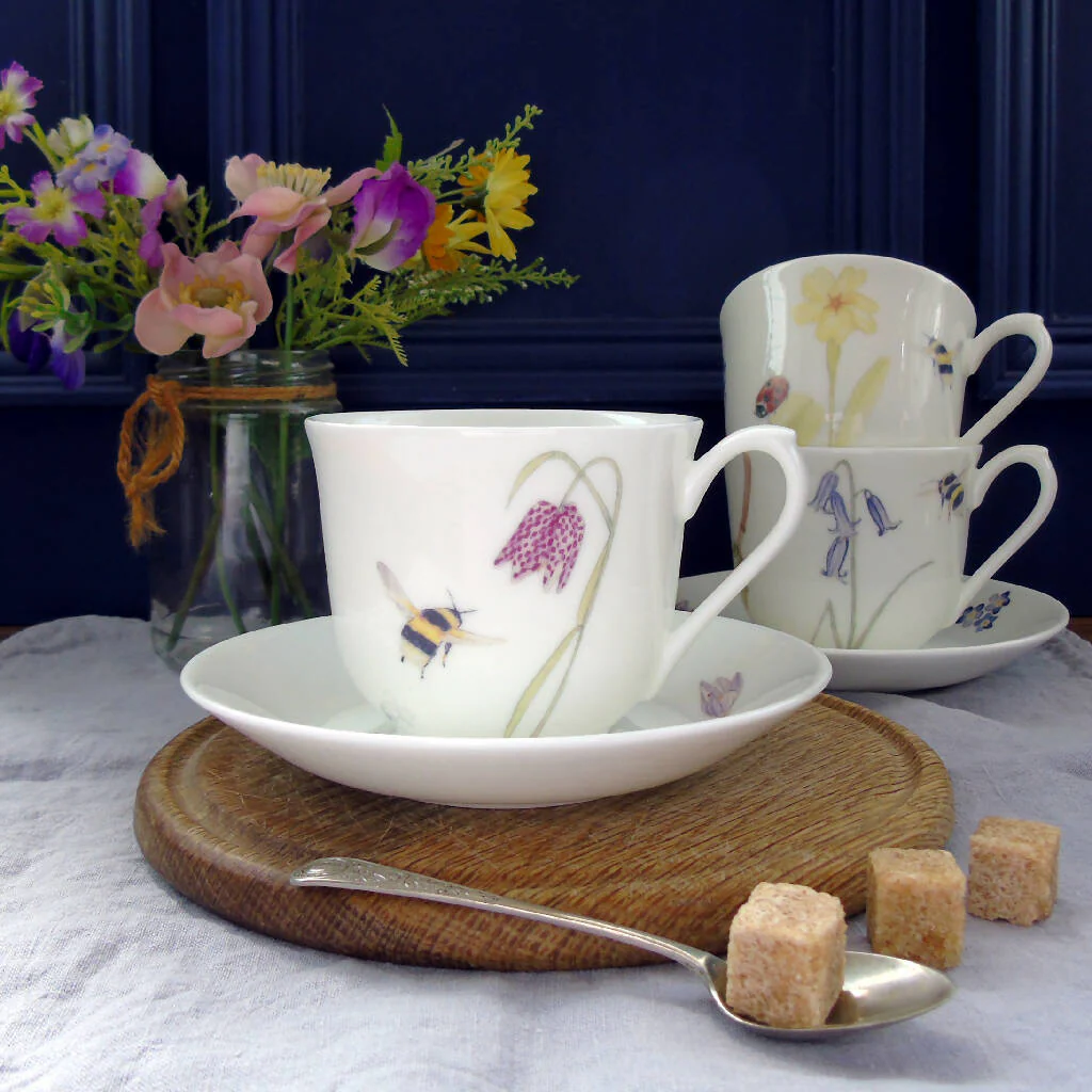 Bee and Spring Flowers Bone China Teacup and Saucer - Image 4