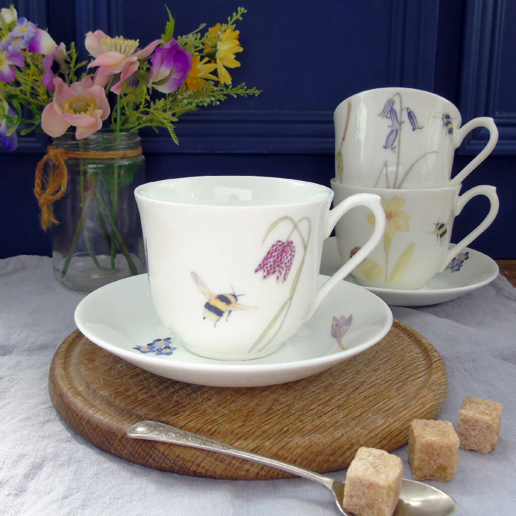 Bee and Spring Flowers Bone China Teacup and Saucer - Image 5
