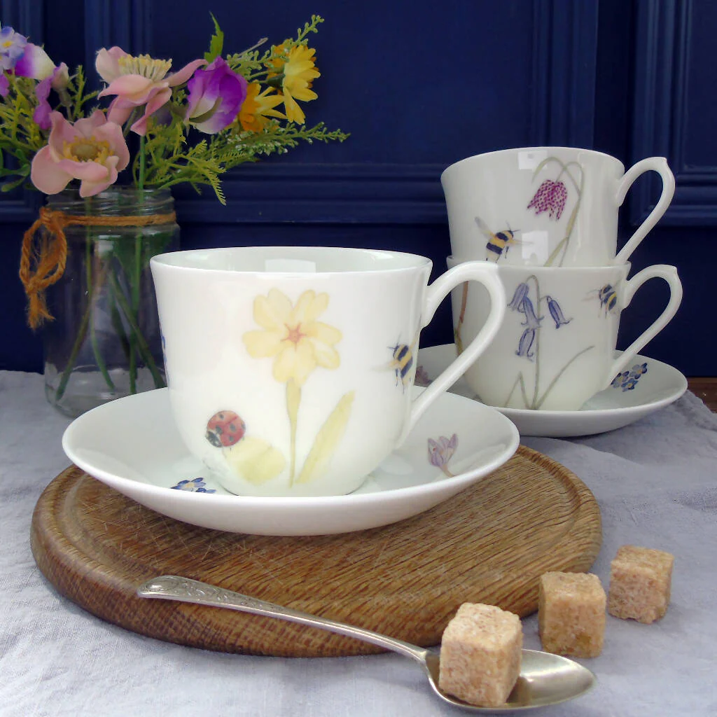Bee and Spring Flowers Bone China Teacup and Saucer - Image 6