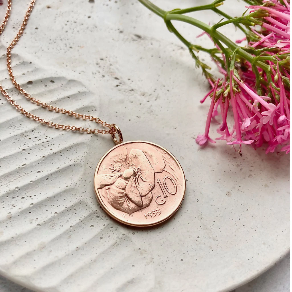 Bee Coin Necklace - Rose Gold Vermeil Chain - Image 2