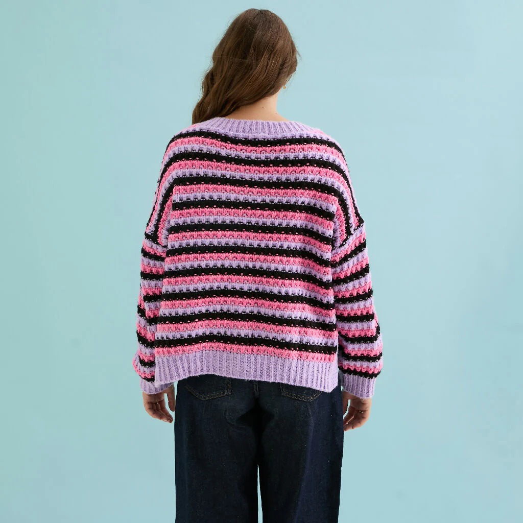 Bernice Stripe Cross Stitch Cardigan - Lilac - Image 4