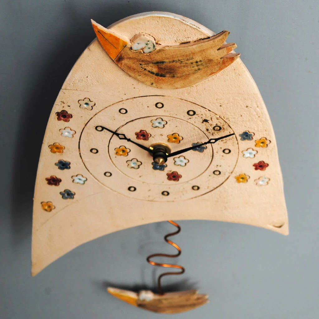 Birds and Meadow Ceramic Wall Clock with Pendulum - Image 3